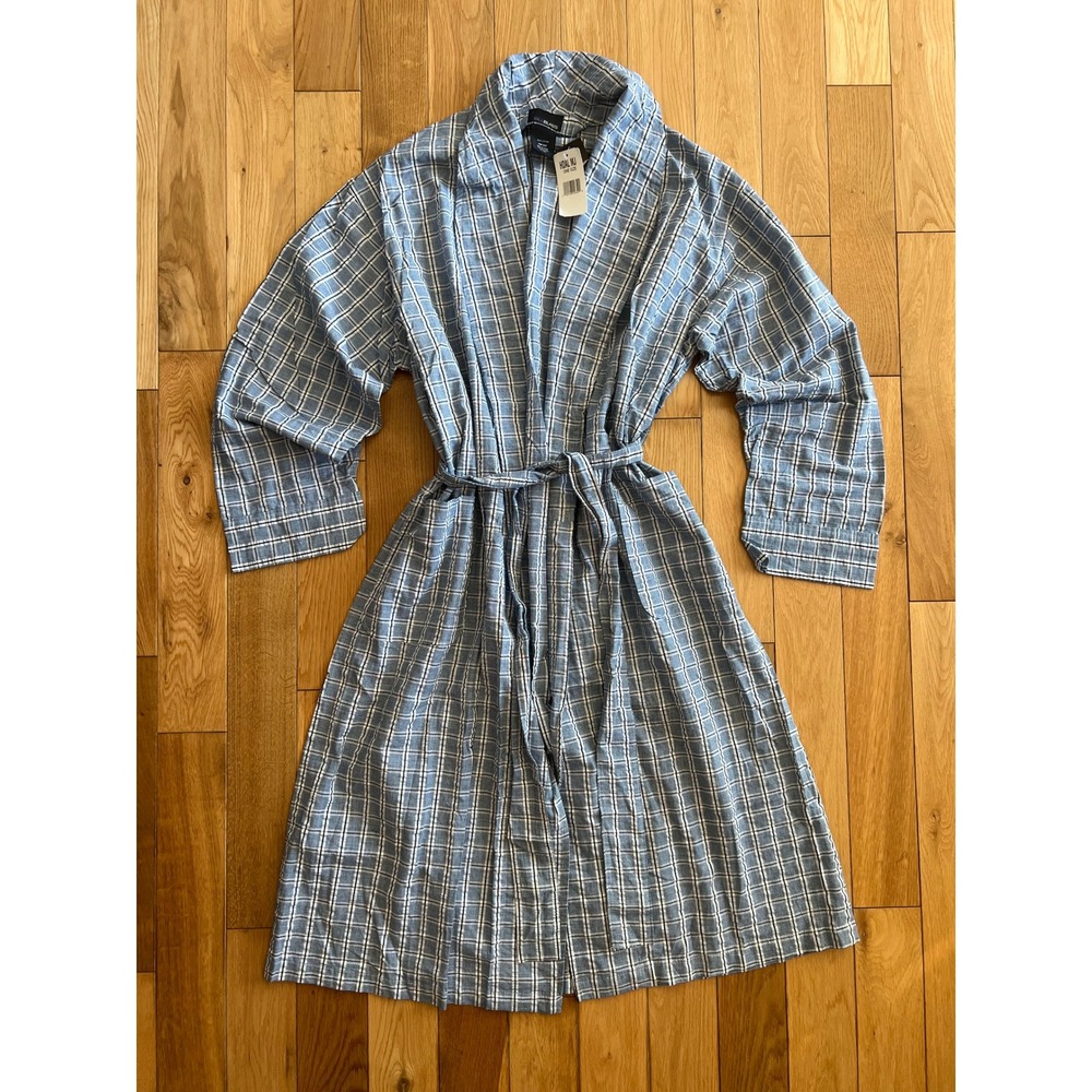 NEW Vintage Bill Blass Men's Cotton Robe Blue Plaid Tartan Belted One Size